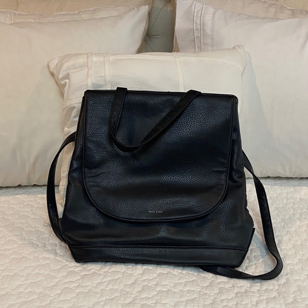 Matt & Nat Black Vegan Leather Shoulder Tote with Flap